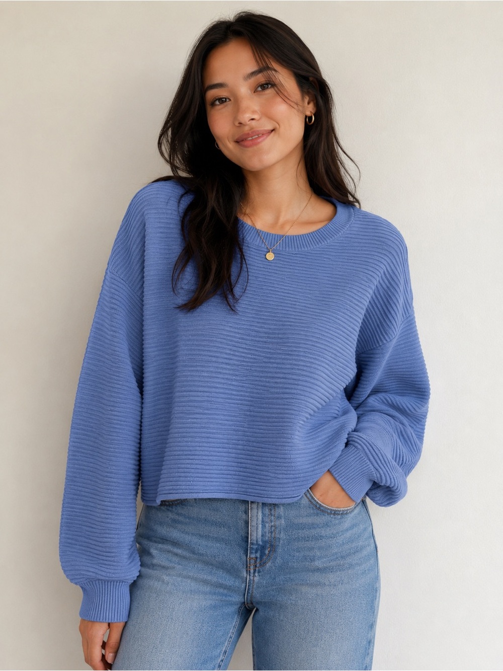 aerie Off-the-Shoulder Ribbed Sweater in Periwinkle Blue
